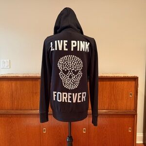 PINK Victoria's Secret Rhinestone Skull Black Zip Up Oversized Hoodie